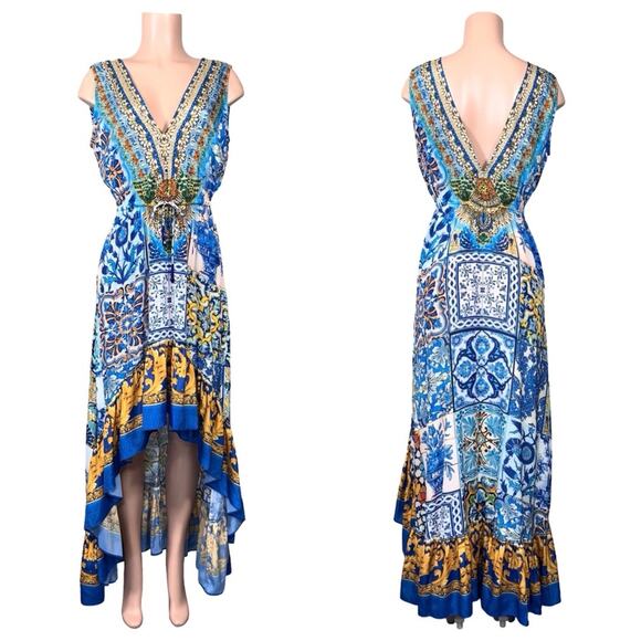 NWOT Shahida Paradies HIGH LOW RUFFLE BLUE DRESS SZ M/L $449 - Picture 4 of 13